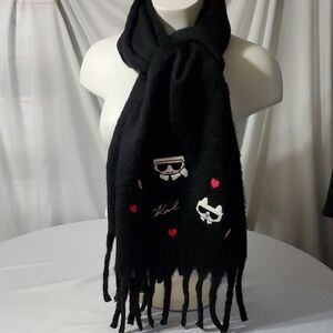 Karl Lagerfeld Paris NWT Soft Black Embroidered Icons Fringe Scarf OS